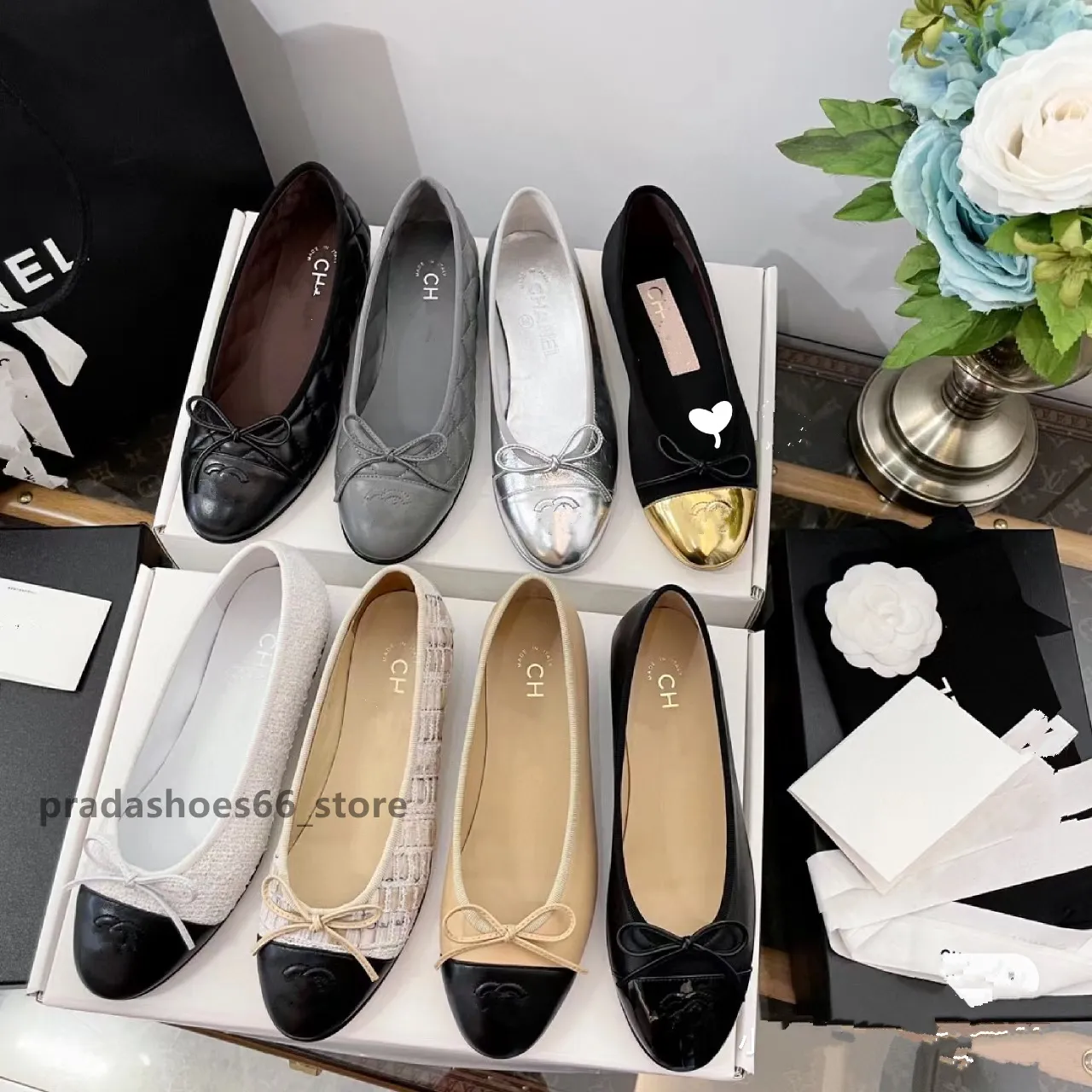 France Paris Ballerines Chaussures Classiques Femmes 2023 Cuir Tweed Tissu Deux Couleurs Splice Bow Ballet Chaussure Tory Mode Appartements Femmes Luxe Designer Matelassé Chaussures C