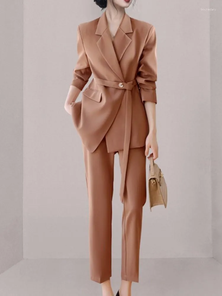 Womens Two Piece Pants Women Blazer Pieces Set Elegant Solid Chic Suit Jackets And Straight Pantsuit Office Casual Slim Lace Up Business From 38 09 DHgate