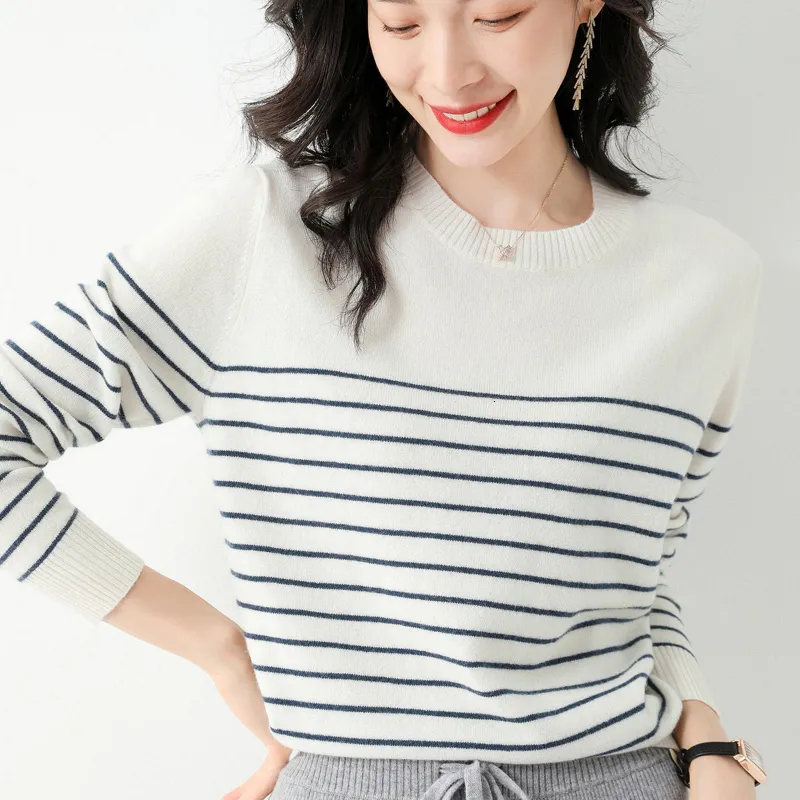 Pulls pour femmes Haute Qualité Mode Stripe Printemps Automne Femmes Tricoté Vêtements Pull Cachemire Laine O Cou Lâche Pull Grace Kintswear 230923