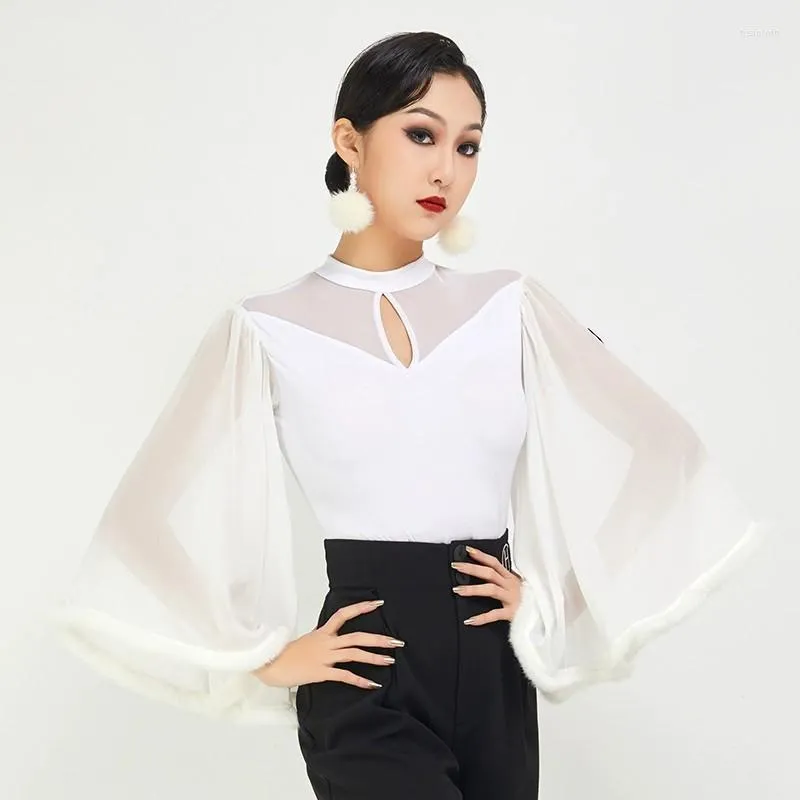 Stage Wear Long Sleeve Mesh Patchwork Ballroom Dance Bodysuit White Black Latin Shirt Waltz Tango Dancewear B10031