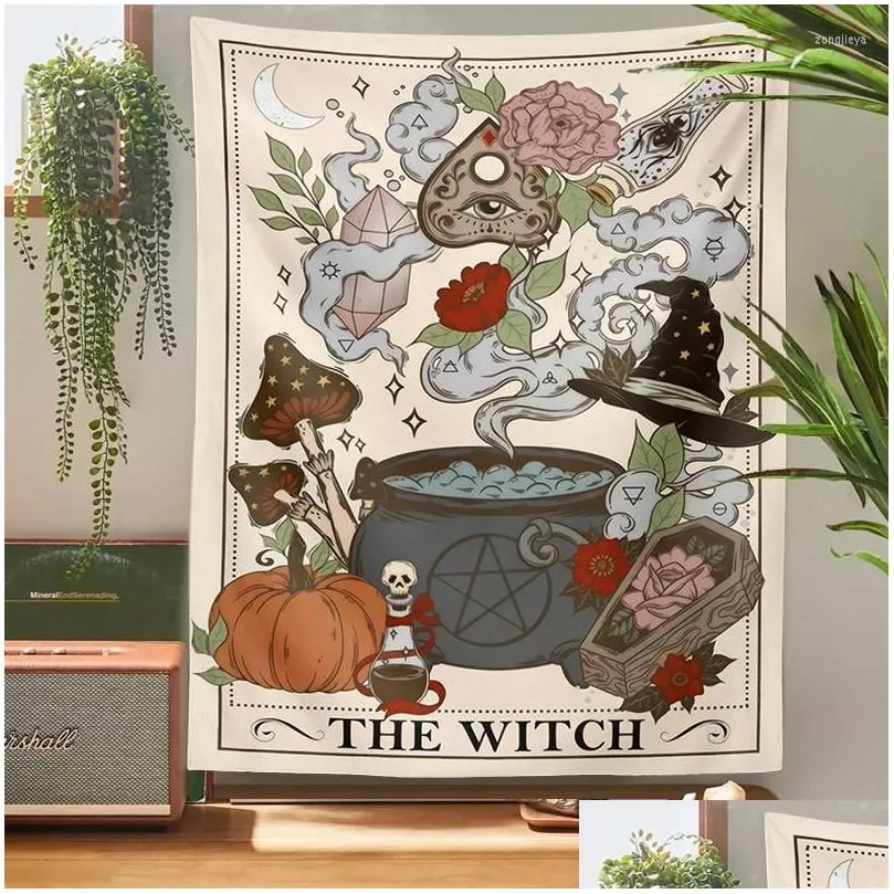 Tapestries The Witch Tarot Card Tapestry Wall Hanging Retro Witchy Boho Cottage Core Home Decor Hippie Mushroom Carpet Decoration Dr Dh3Xb