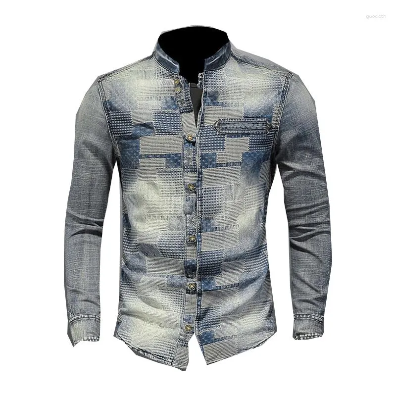 Herenjassen Denim overhemd Retro opstaande kraag Patch met lange mouwen Blauw geruite patchworkstijl Casual camisas Chemise Homme Dunne jas