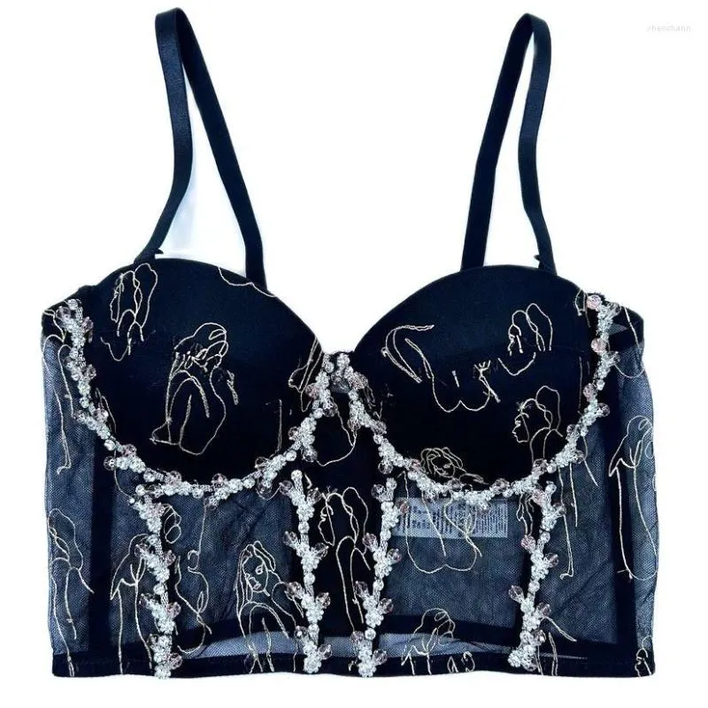 Chars de femmes Français brodé dentelle sexy bustier soutien-gorge pour femmes perspective perles femme dos nu recadrée débardeur camis y4242