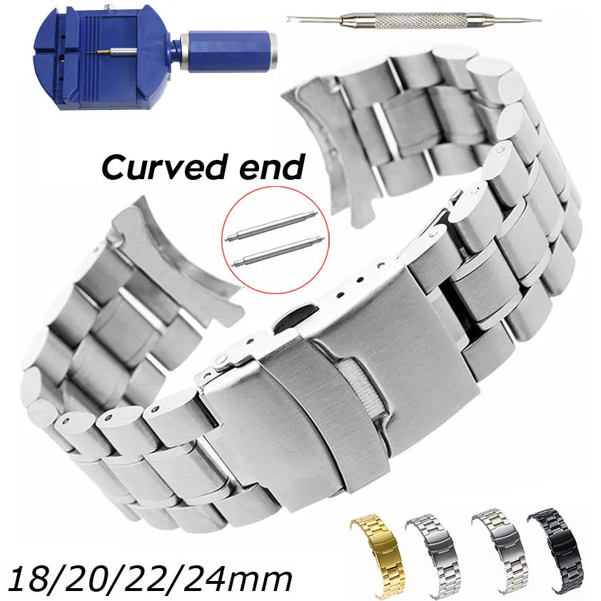 Titta på band Curved End Watch Band 18mm 20mm 22mm 24mm Replacement Watch Strap Double Lock Clasp Rostfritt stål Watchband med Tools 230922