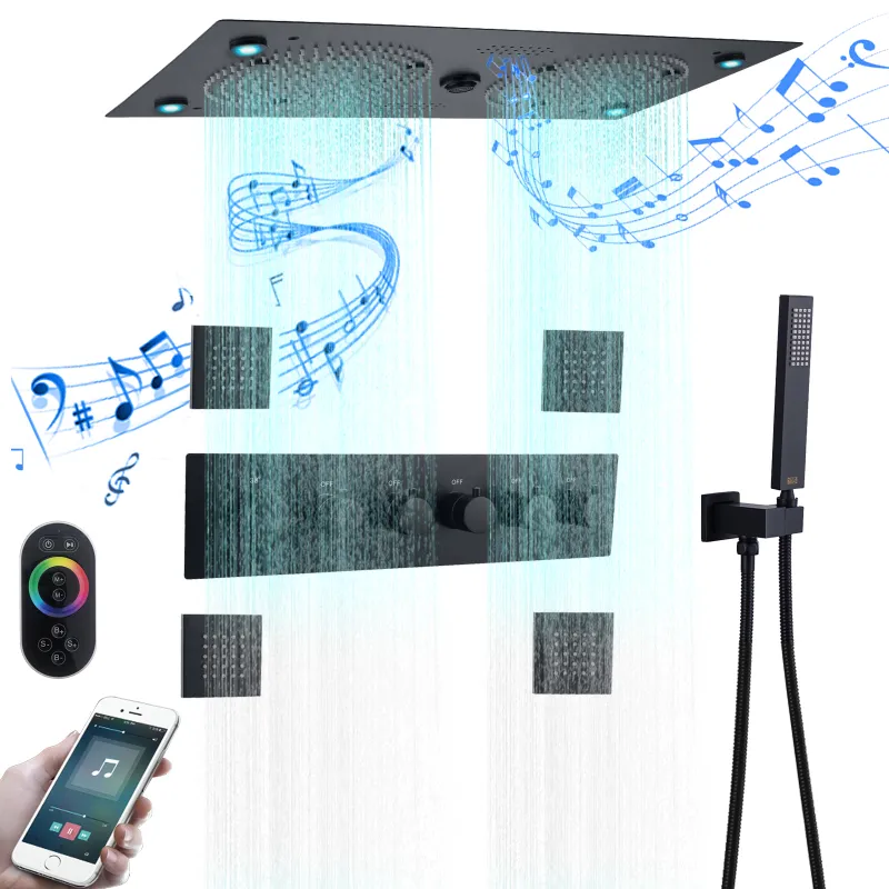 Matzwarte muziekdouchesystemen Badkamer Bad Thermostatische kraan Wandmontage Plafond Regenval LED-douchekop Mengkranen