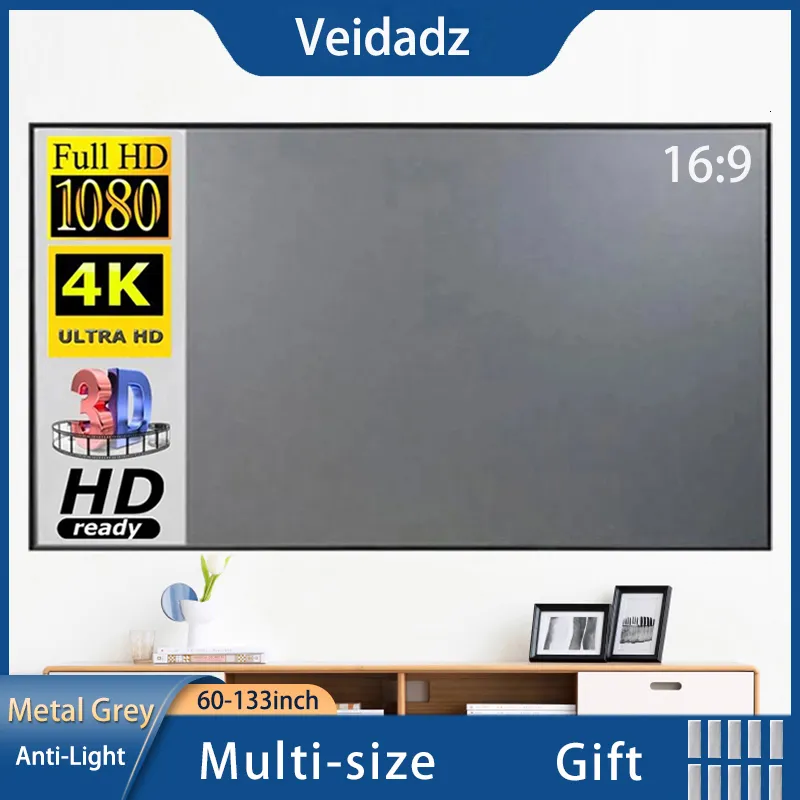 프로젝션 스크린 VEIDADZ 프로젝터 화면 60-133 인치 금속 회색 16 9 홈 파티 교실 230923 용 방지 방지 접이식 휴대용 투영 화면