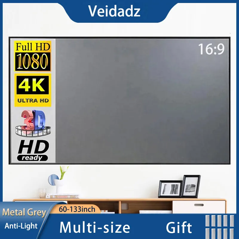 プロジェクションスクリーンVeidadzプロジェクタースクリーン60-133インチメタルグレー16 9ホームパーティーの教室230923用のライト折りたたみ可能なポータブル投影スクリーン