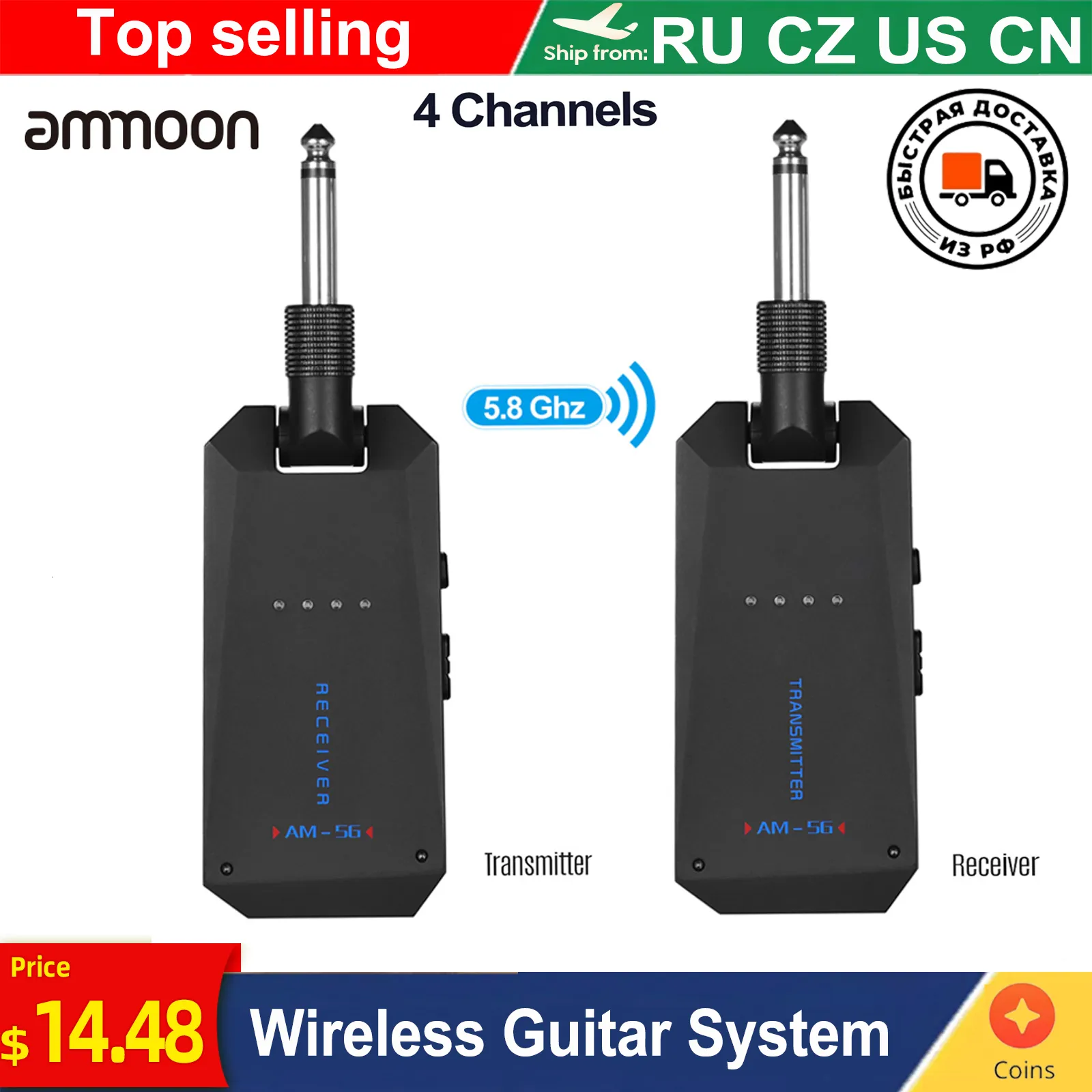 Empfänger ammoon AM-5G A8 kabelloses 5,8 G 2,4 G Gitarrensystem, wiederaufladbarer Audiosender und Empfänger, ISM-Band für Bassgitarren, Verstärker 230922