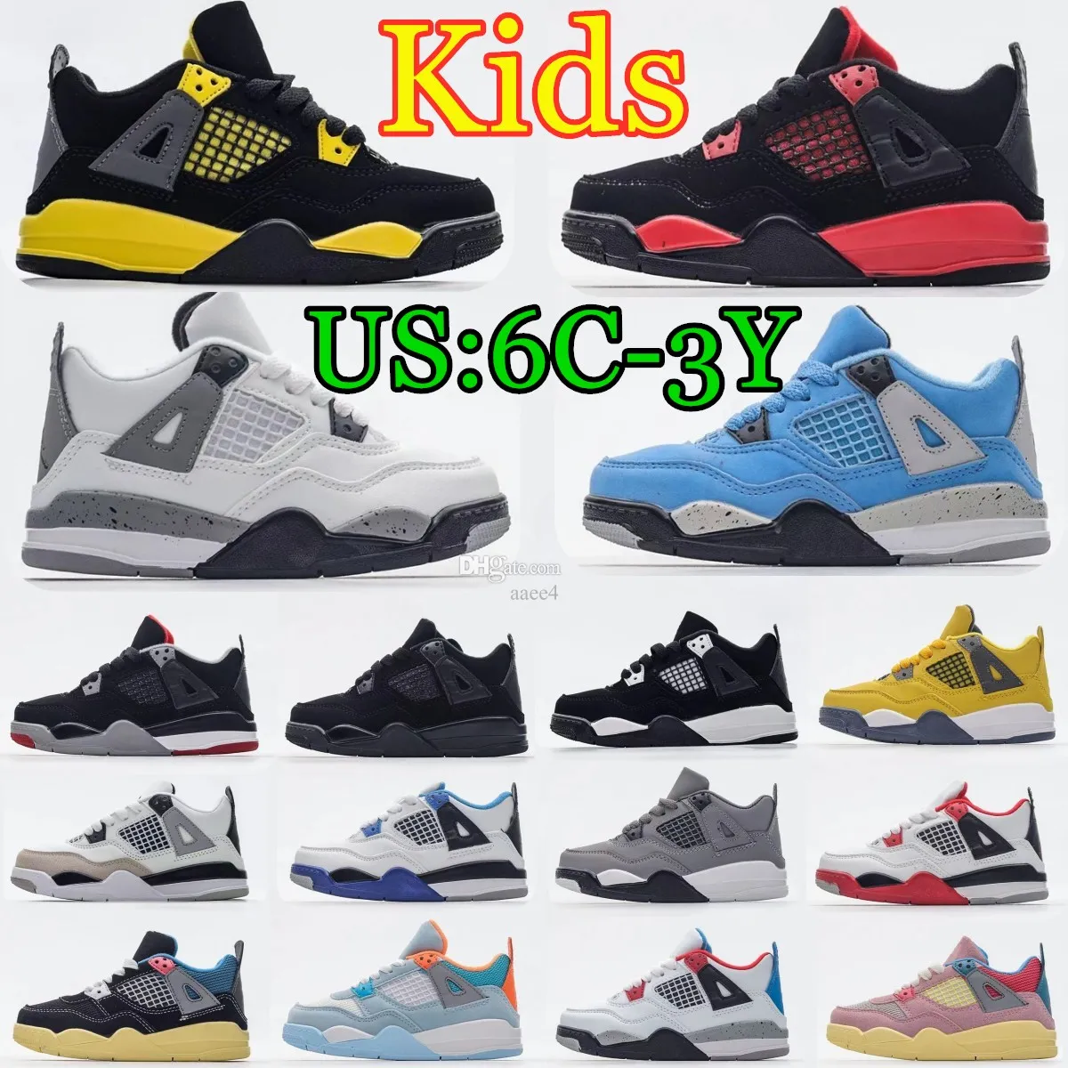 Jumpman 4S 4 Toddler Kids Shoes Sneakers Boys Girls Youth Basketball Shoe Black TD Red Thunder Military Cool Gray Bred University Size 22-35