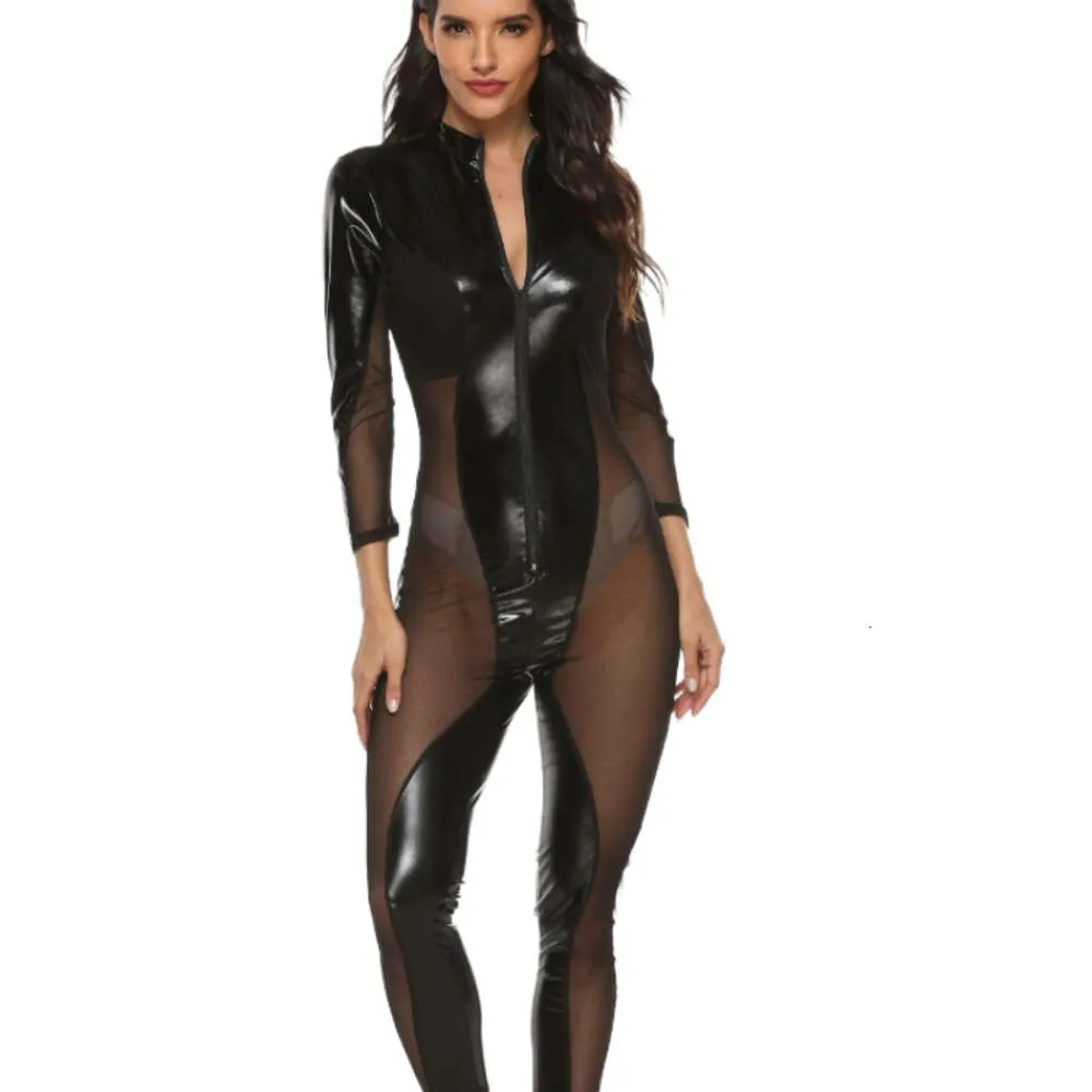 Dubbel dragkedja jumpsuit läder sexig underkläder nät transparent sexi kvinnor spandex catsuit sex eric underkläder damer bodysuit