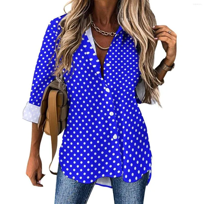 Kvinnors blusar Retro Polka Dot Loose Blue Blue and White Street Wear Overdimensionerade kvinnor Långärmade söta skjortor Spring Graphic Tops
