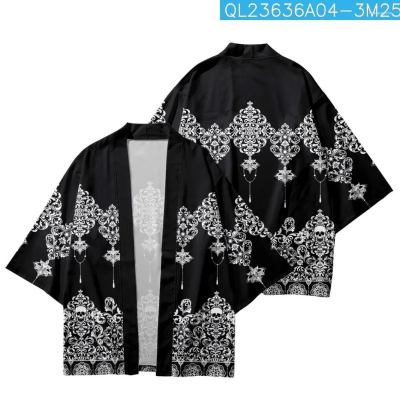 Etniska kläder vintage kinesiska svartvitt tryck kimono streetwear män kvinnor kofta haori harajuku mantel överdimensionerad japansk strand yukata