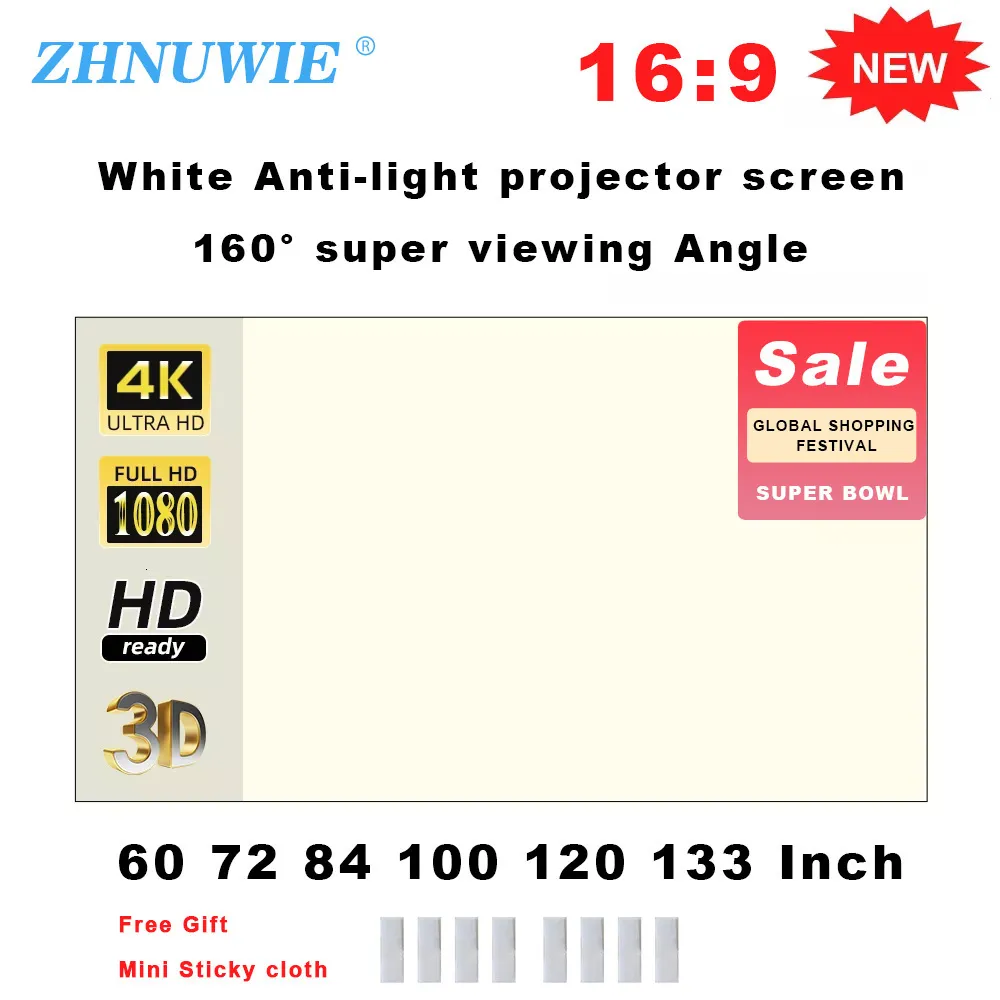 Projectieschermen ZHNUWIE Projectiescherm Wit raster Anti-licht 16 9 projectiescherm voor thuis 72 84 100 120 133 inch Draagbaar reflecterend doek 230923