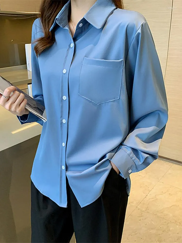 Kadın Bluzları Sonbahar Ofis Lady Bir Cep Gevşek Şifon Gömlek Kadınlar Uzun Kollu Tek Breasted Boyut Boyu Bouse Top Blusas Mujer