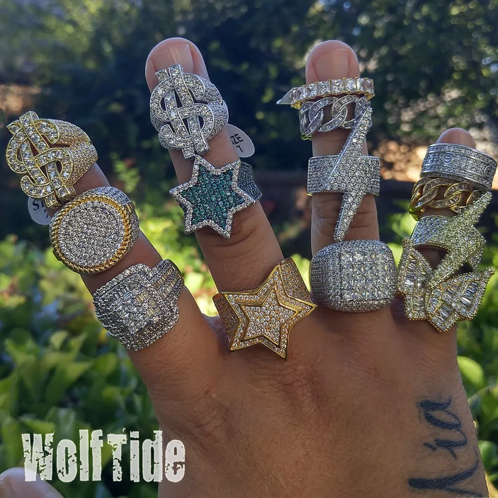 Anel de hip hop pentagrama de ouro branco 18K masculino Buttergly Bling zircônia cúbica caras cheio de diamante gelado prong pedra CZ baguette estrela rapper joias bijuterias para namorado