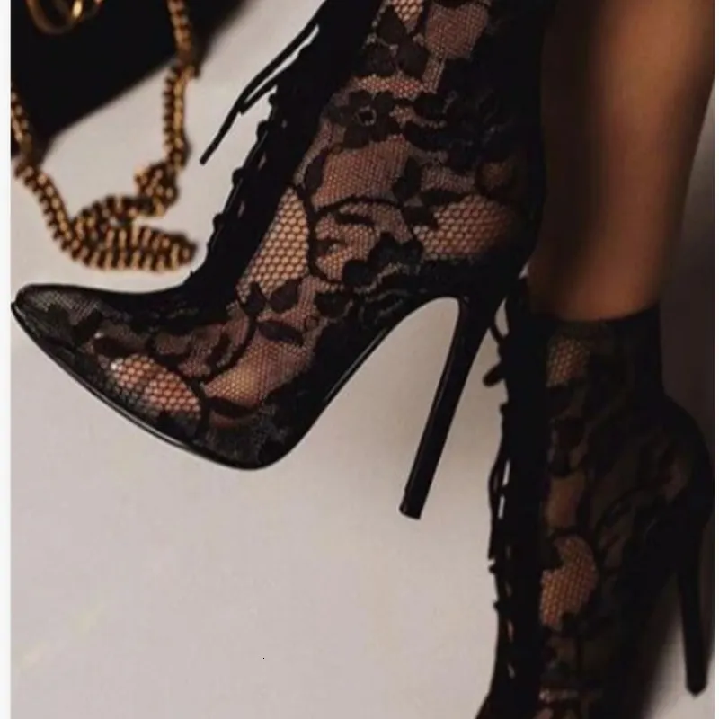 Sapatos de vestido preto malha madura mulheres botas de salto alto bombas florais lace-up fino salto alto tornozelo apontado festa de casamento sapatos 230922