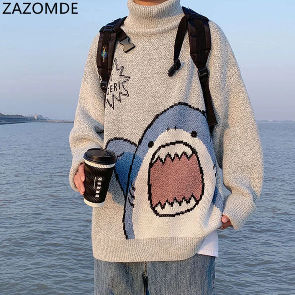 Mężczyźni Turtlenecks SWEATER SWEATER MĘŻCZYZN 2023 Winter Patchwor harajuku w stylu koreański wysoki szyja ponadgabarytowy szary turtlenecks dla mężczyzn