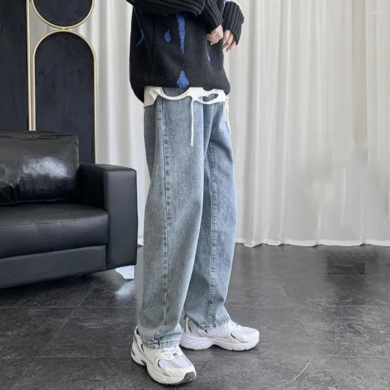 Jeans da uomo Pantaloni in denim azzurro Pantaloni streetwear Vestibilità dritta ampia Gamba larga con cerniera a bottone a vita media