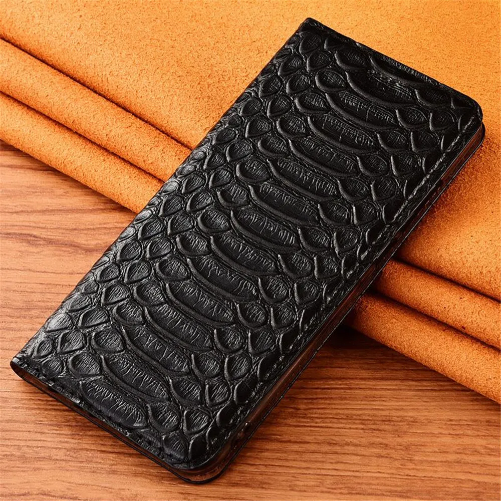 Genuine Cowhide Leather Python Flip Case fr iPhone 15 Pro Max 14 13 Card Slot Holder Cover