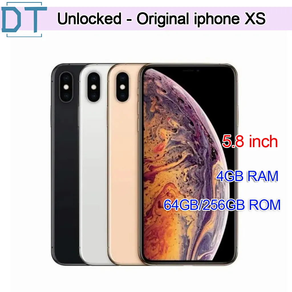 Renoverad olåst original iPhone XS -mobiltelefoner 5.8 tum med Face ID 4GB RAM 64/256 GB ROM -smartphones 12MP 1SIM -kort mobiltelefoner 1 st, A+utmärkt skick