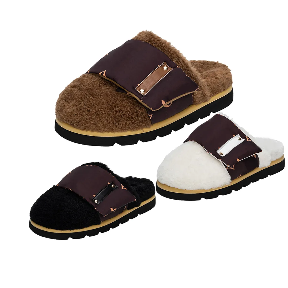 Designer Fur House Slippers For Women Fuzzy Sandals Home Furry Slides Flat Sandal Kvinnlig Söt fluffig Flip Flops för kvinnors Shearling Slipper Shoes Storlek 36-42