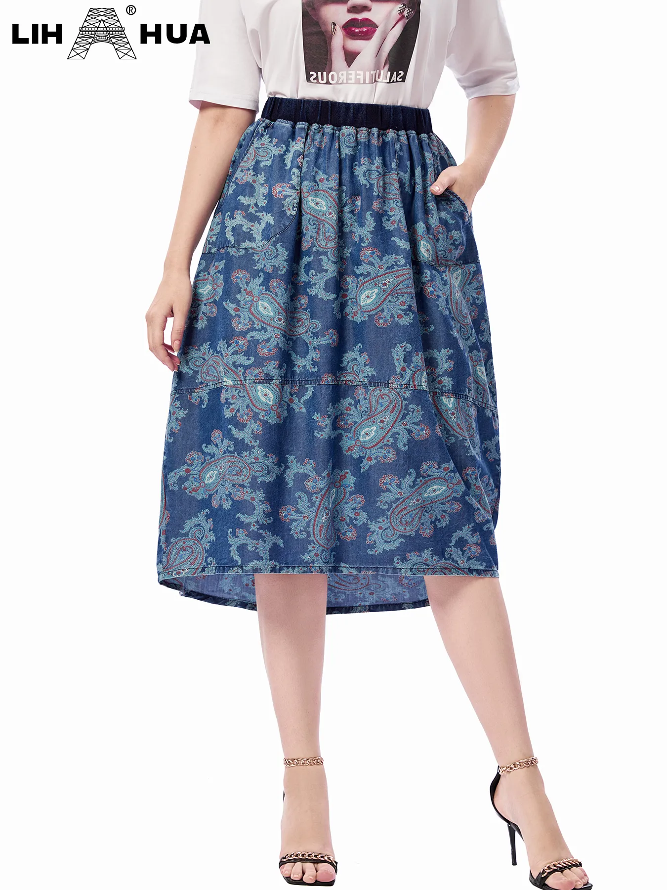 スカートlih hua women's plus size denim skirt the chubby women for chubby women wovenコットンスカート230923のためのシックなエレガントなスカート