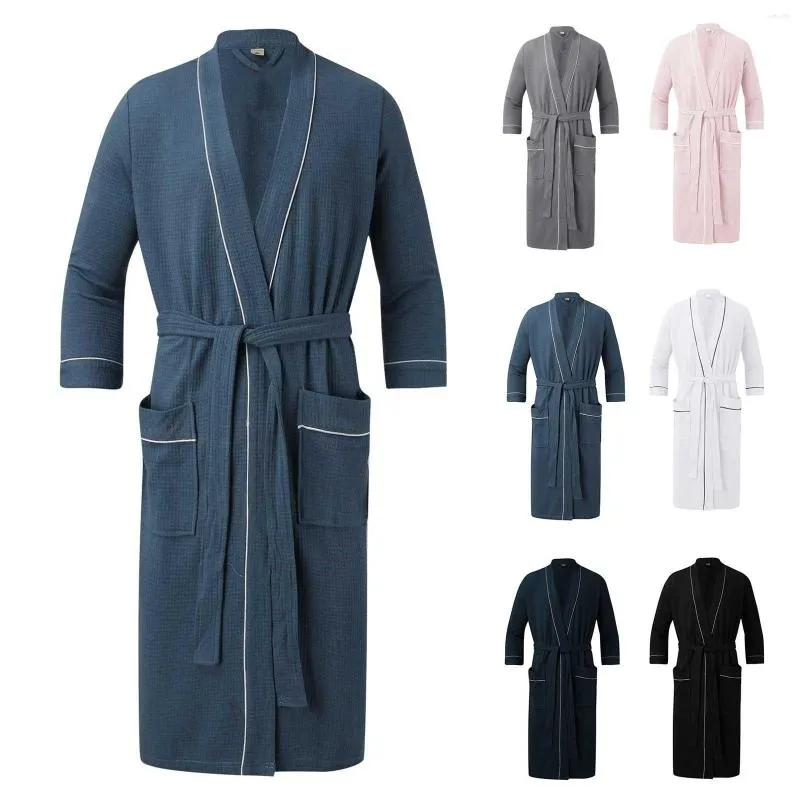 Men's Sleepwear Men Bathrobe Waffle Robes Pajamas Pyjamas Nightwear Casual Korean Kimono Long Sleeve Bathrobes Dressing Gown