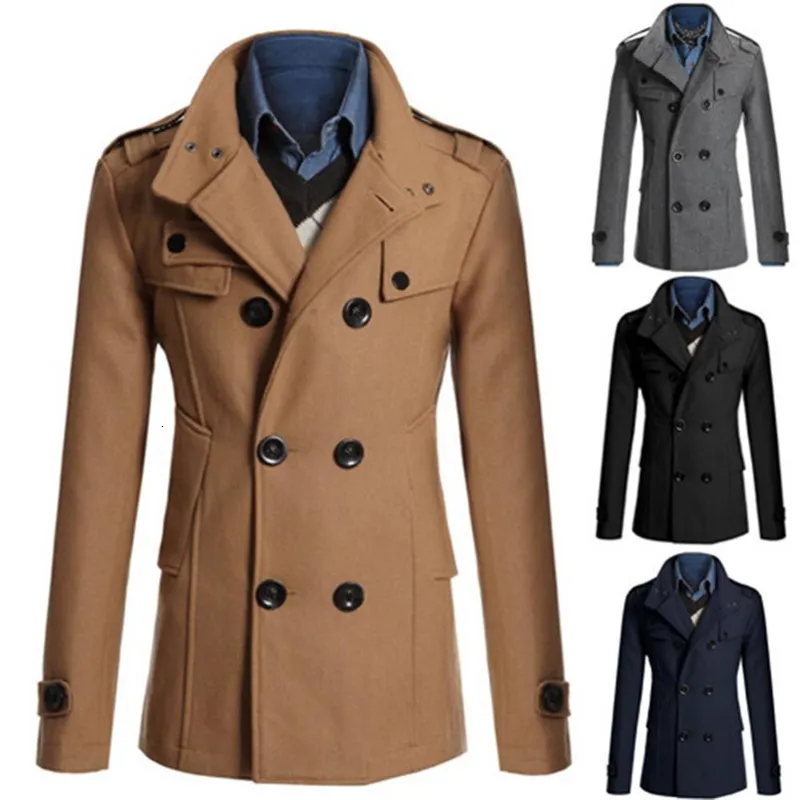 Men's Jackets Winter Mens Warm Trench Woolen Coat Slim Casual Jackets Male Solid Stand Collar Double Breasted Peacoat Parka 230923