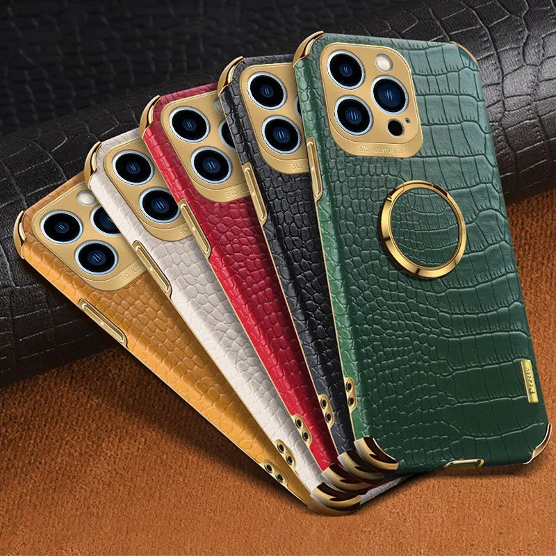 Luxury PU Leather Case för iPhone 15 14 13 12 11 Pro Max Plus Back Cover Ring Holder Silicone Telefonfodral för iPhone14 iPhone15 Coque