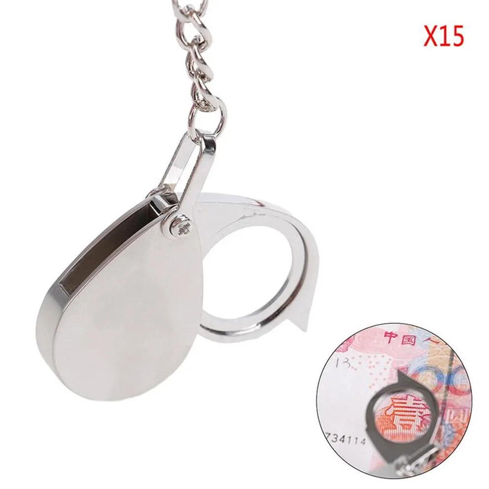 Keychains Handheld Loupe Folding Pocket 10X 15X Magnifier Magnifying Glass Lens With Keychain Portable Metal Silver Color2480