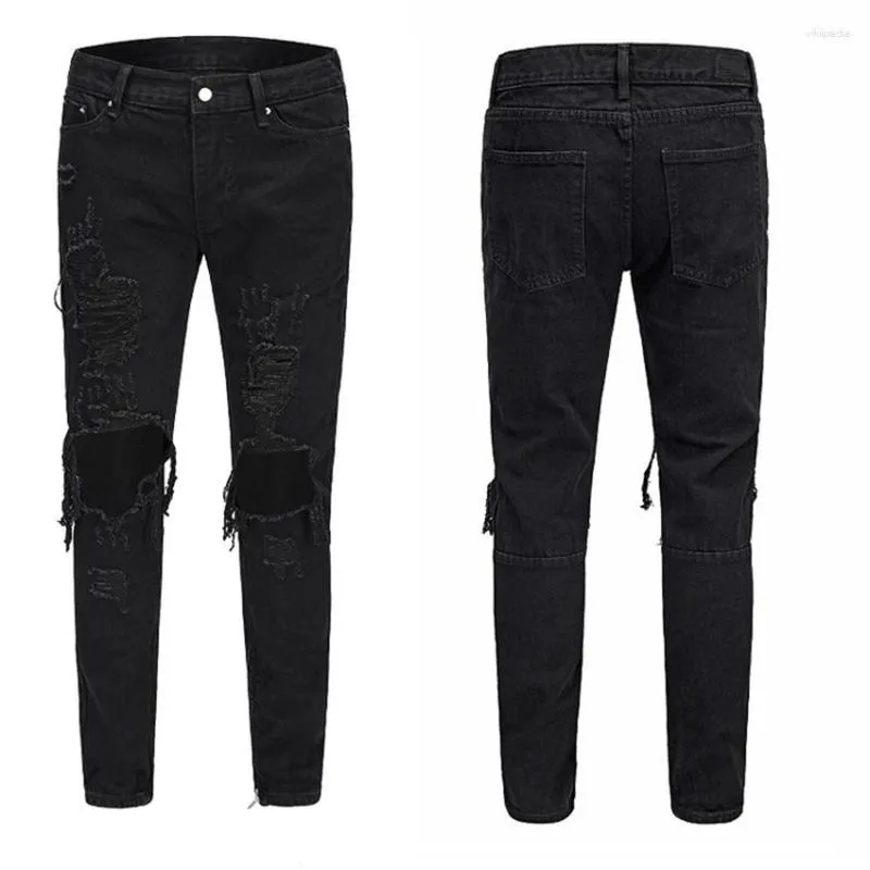 Jeans pour hommes Big Hole High Street Lavage Slim Fit Noir Hip Hop Skateboard Mâle Couleur Unie Vêtements Pantalon