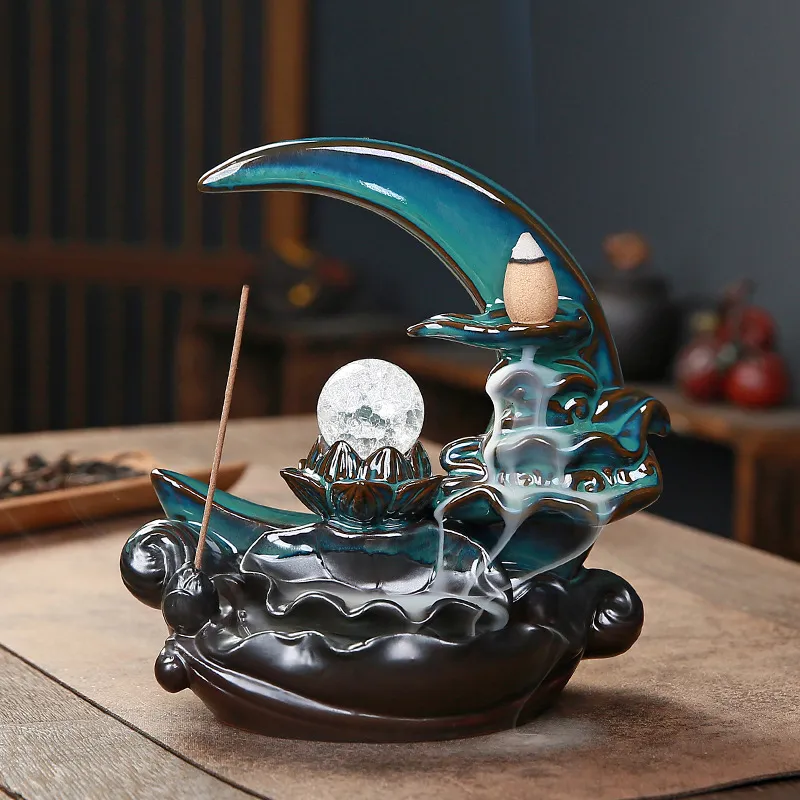 Backflow Incense Burner Blue Lotus Smoke Waterfall Holder With