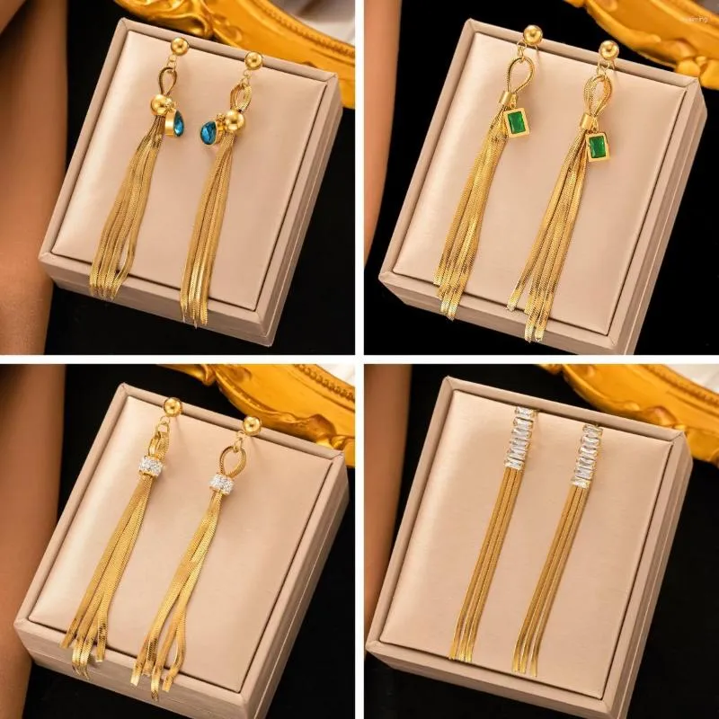 Orecchini pendenti in acciaio inossidabile 316L con catena a forma di serpente in cristallo verde con goccia per le donne Gioielli vintage Bijoux all'ingrosso