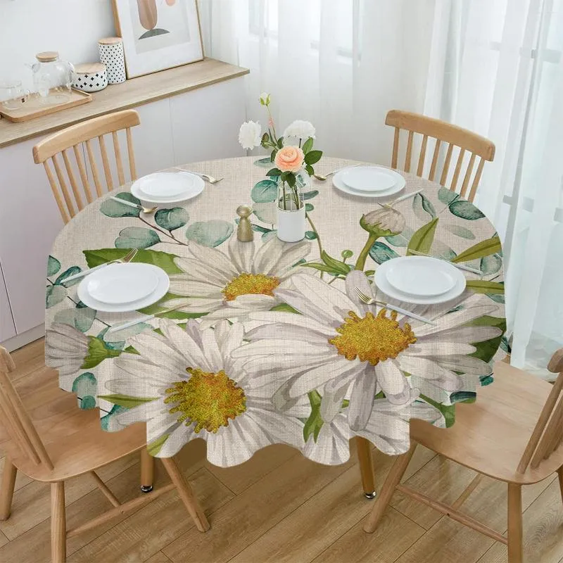 Table Cloth Flowers Daisies Eucalyptus Leaves Round Tablecloth Party Kitchen Dinner Cover Holiday Decor Waterproof Tablecloths