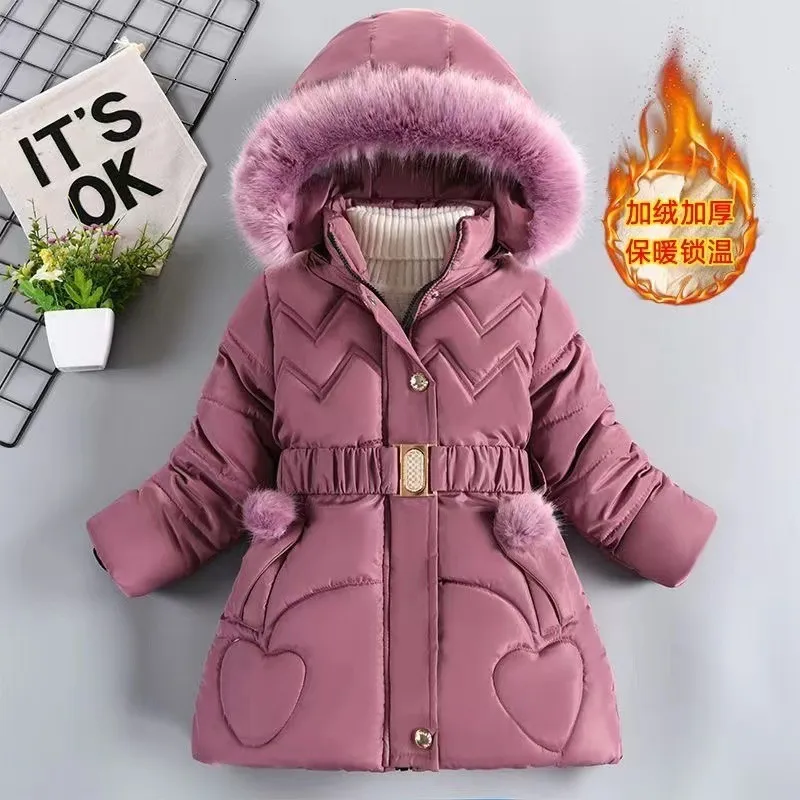 Płaszcz w dół 3 4 5 6 8 10 lat zimowy płaszcz dziewcząt trzymaj ciepło zagęszczony kurtka dla dzieci z kapturem futrzany kołnierz księżniczka odzieży wierzcha ubrania 230922