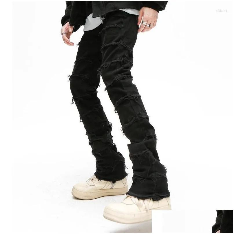 Jeans masculinos homens retrowork queimado calças grunge selvagem empilhado rasgado calças longas em linha reta y2k baggy lavado desbotado para homens drop delive dhre9