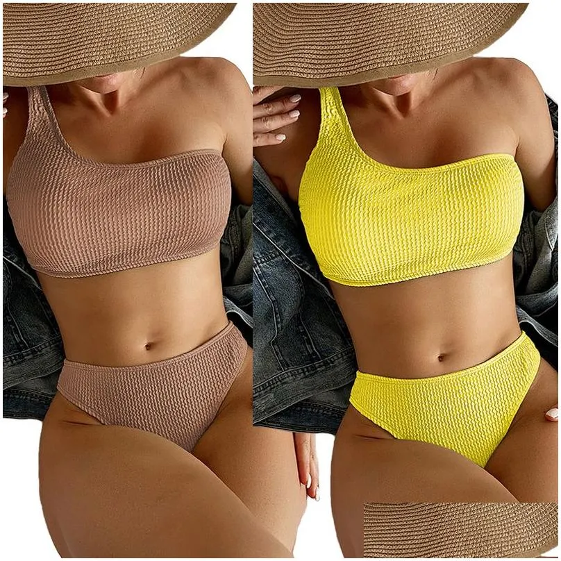 Womens Swimwear New Designer Bikini Set Swimsuit Pure Color Snake Cloth With One Shoder And High Waist Bikinis Y Women Skims Two Piece Dhpsh