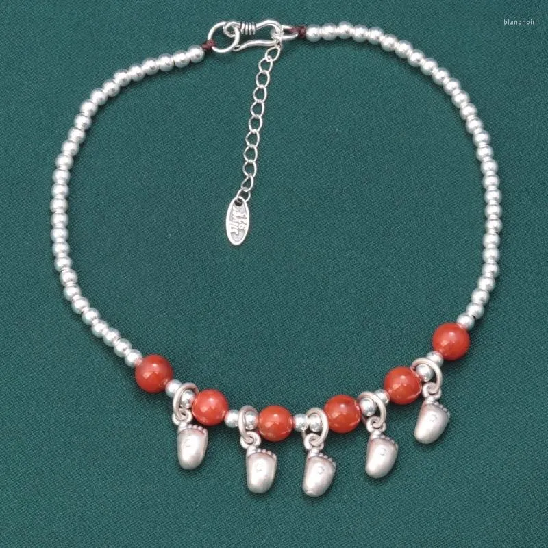 Ankletter etniska 925 sterling silver runda pärlor små fötter form för kvinnor vintage enkla södra röda agat fotprydnader JL021