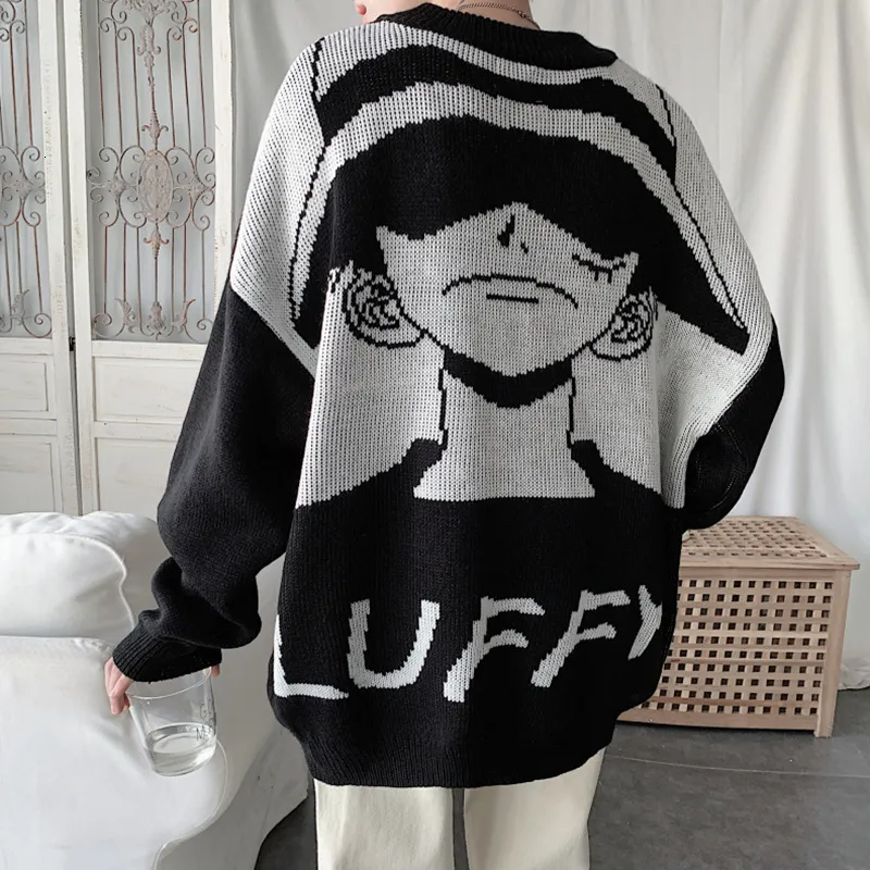 Erkek kazaklar kış japonya anime büyük boy süveter karikatür luffy örgü sevimli uzun kollu moda üst kısımlar siyah beyaz vintage kıyafetler 230922