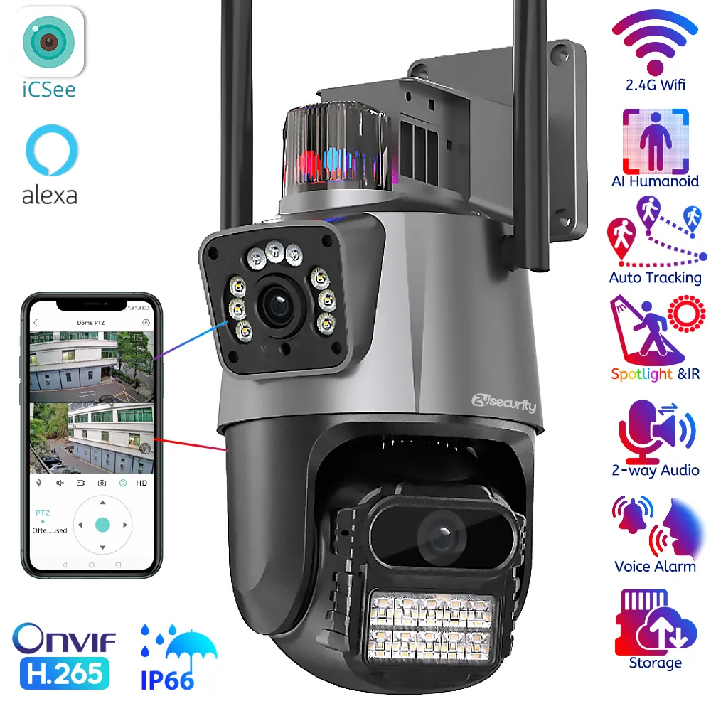 Câmeras IP Dual Screen Dome PTZ WiFi Lente de câmera IR Color Night Vision Outdoor Security FHD CCTV Vigilância ICsee 230922