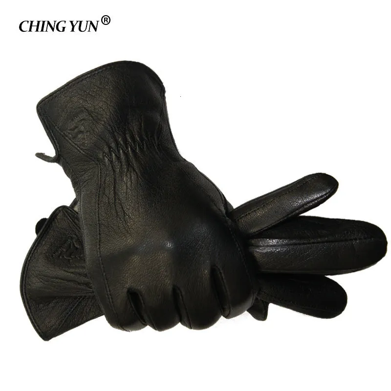Cinq doigts gants hiver homme peau de cerf gants en cuir mâle chaud doux gant pour homme noir trois lignes design hommes mitaines doublure en cheveux de mouton 230923