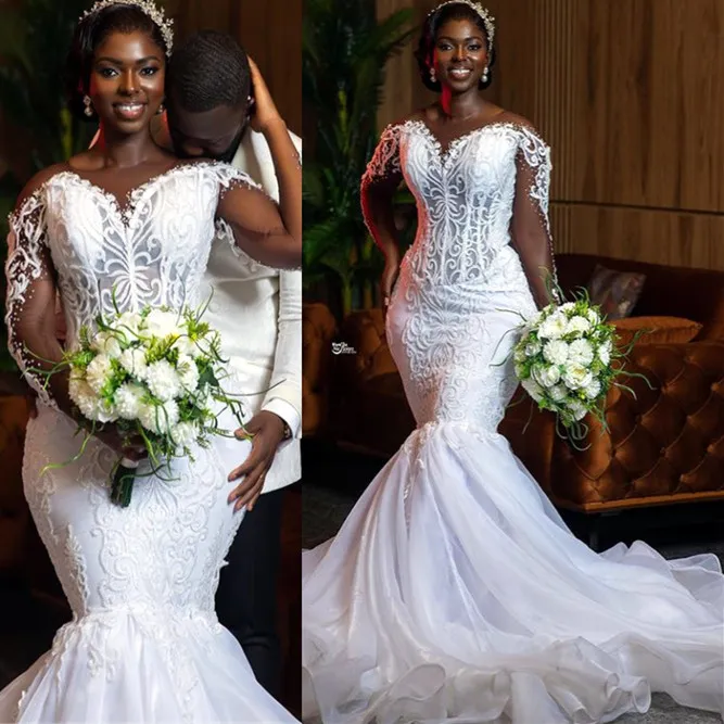 Robe de mariée sirène blanche en dentelle perlée, col transparent, manches longues, arabe, Aso Ebi, octobre 2023, ZJ044