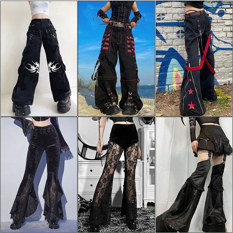 Spodnie damskie Capris gotycka emo alt pants piepty technologiczne Hippie workowate spodnie mamusa goth punkowe czarne spodnie cargo