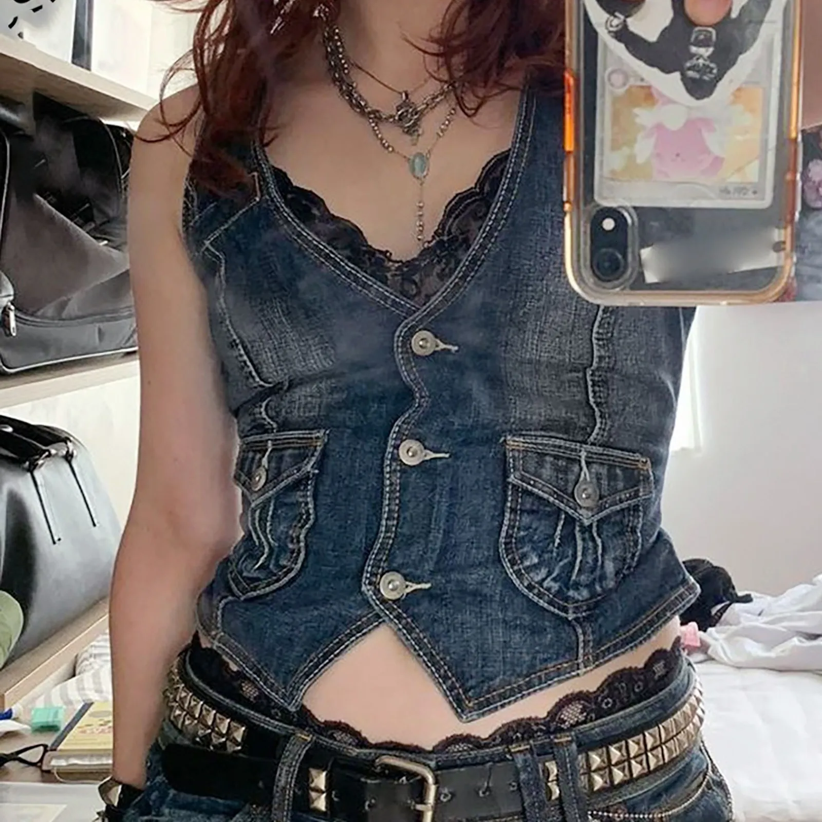 Gilet Da Donna Y2K Gilet Di Jeans Giacca Di Jeans Corta Corsetto
