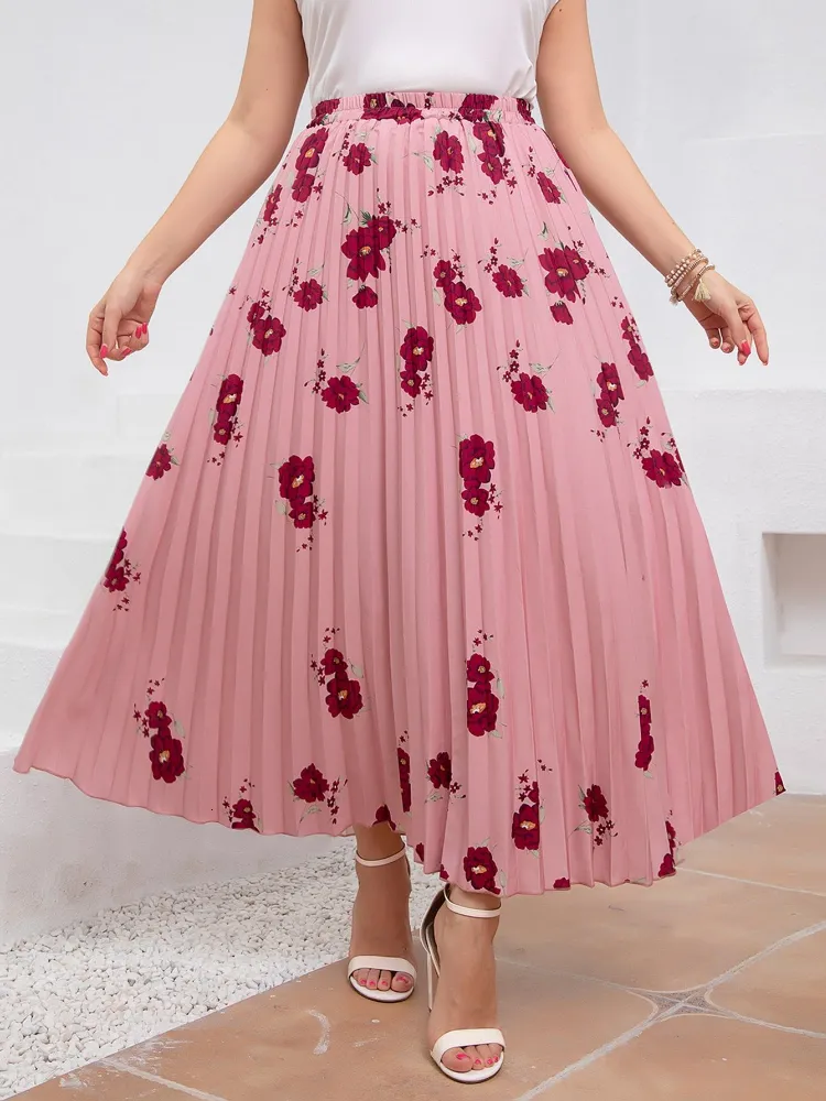 Skirts Plus Size Pleated Skirts For Women Pink Floral Patchwork