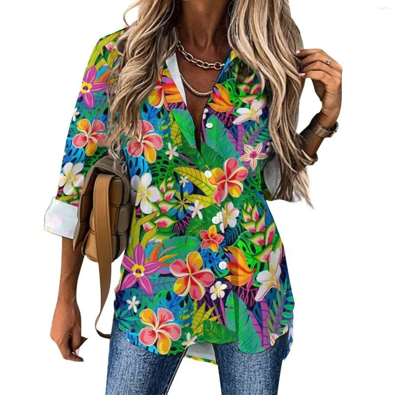 Женские блузки с тропическим цветочным принтом, повседневная блузка с длинными рукавами и яркими цветами, женская свободная рубашка большого размера в стиле ретро, топы на заказ, подарок на день рождения