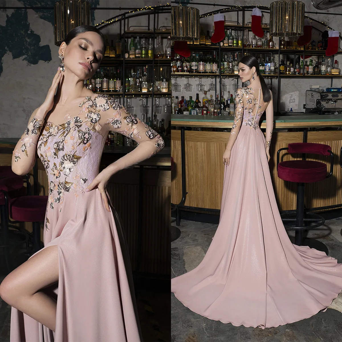 Pink Evening Dress Sheer V Neck 3D Flowers Long Formal Holiday Celebrity Wear Prom Party Gown Custom Made Plus Size