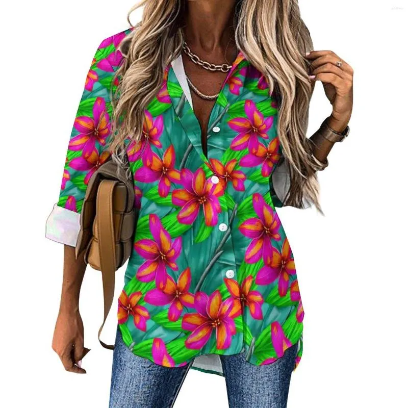 Blusas femininas tropical paraíso blusa floral impressão retro padrão casual feminino rua moda camisa verão manga longa oversized topo