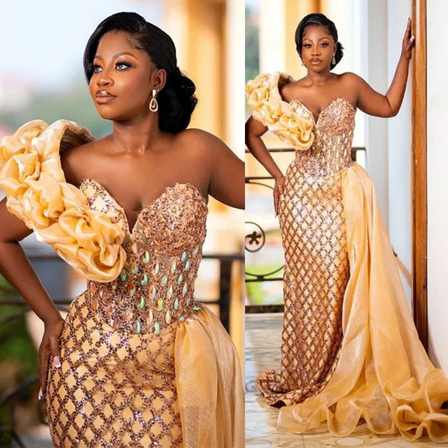 2023 Oct Aso Ebi Arabic Gold Mermaid Prom Dress Crystals Sequined Lace Evening Formal Party Second Reception Birthday Engagement Gowns Dresses Robe De Soiree ZJ37