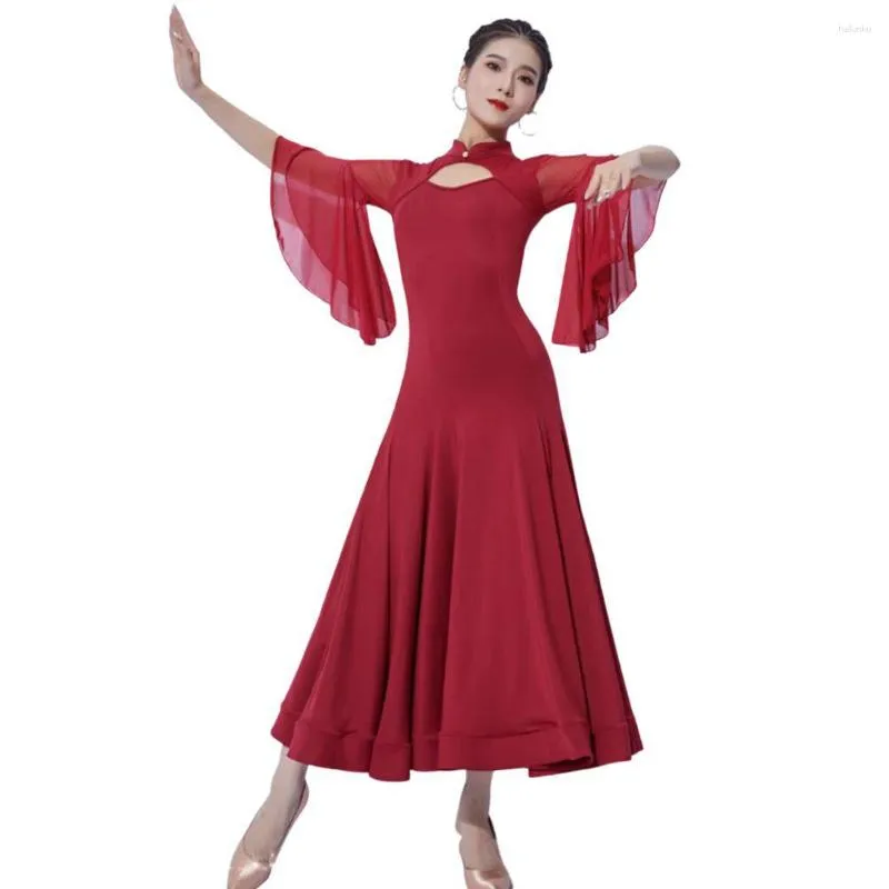 Stage Wear Waltz Ballroom Competition Dress Foxtrot Costume Ruffled Loose Half Sleeves Slit Hem Dance Ball Gowns Performance Clothes